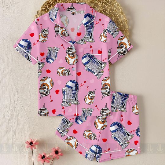 BB8 R2D2 Droid Valentine Heart Unisex Pajamas, Retro Star Wars Valentnes Couple Pajamas