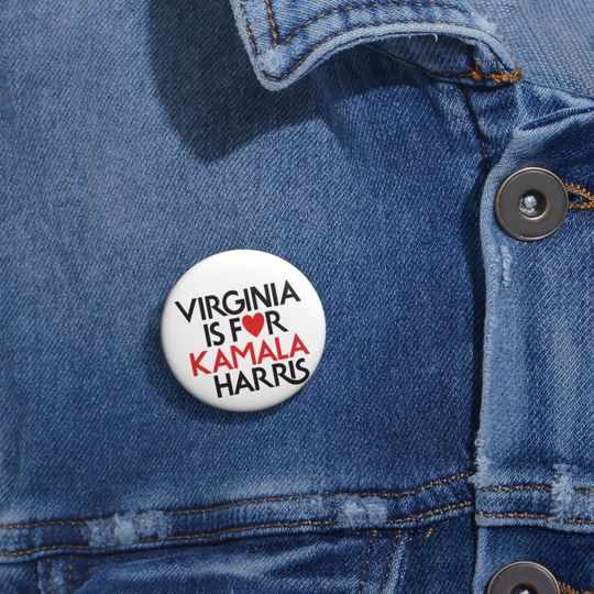 Virginia Is For Kamala Harris Heart Button/Pin White, Vote Harris for President Button