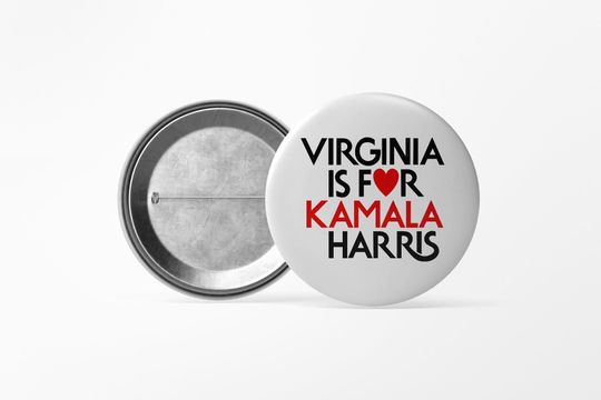 Virginia Is For Kamala Harris Heart Button/Pin White, Vote Harris for President Button
