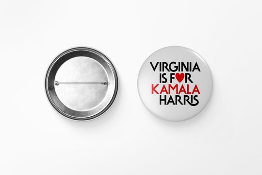 Virginia Is For Kamala Harris Heart Button/Pin White, Vote Harris for President Button