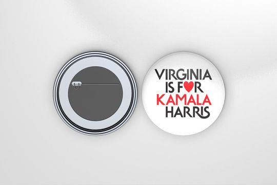 Virginia Is For Kamala Harris Heart Button/Pin White, Vote Harris for President Button