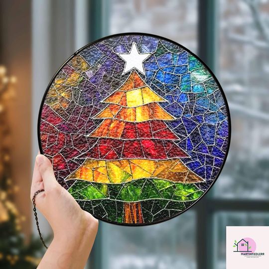 Rainbow Christmas Tree Suncatcher, Stained Glass Window Decor, Holiday Colorful Ornament