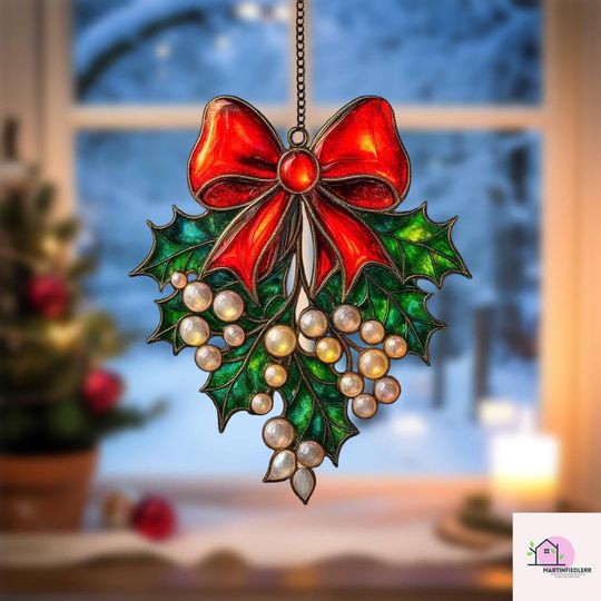 Holly Berry Bow Acrylic Suncatcher Christmas Window Ornament