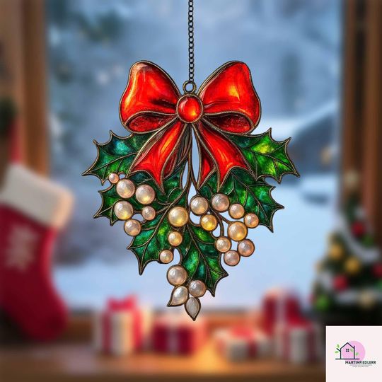 Holly Berry Bow Acrylic Suncatcher Christmas Window Ornament