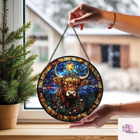 Starry Highland Cow Stained Glass Suncatcher - Rustic Christmas Window Ornament