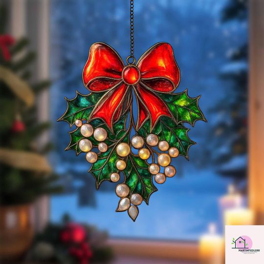 Holly Berry Bow Acrylic Suncatcher Christmas Window Ornament