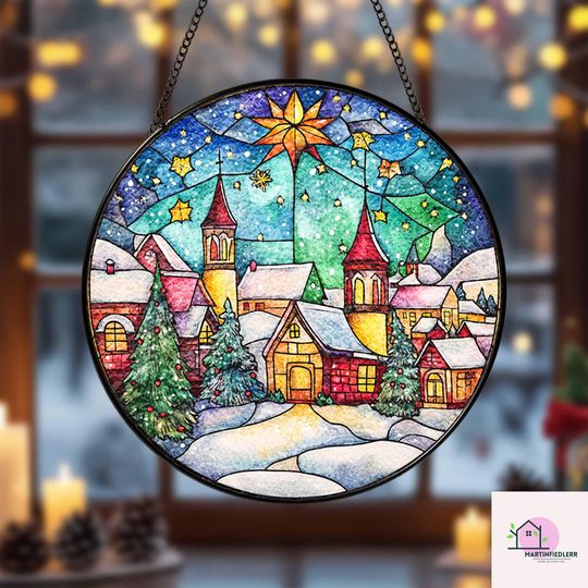 Christmas Village Stained Glass Suncatcher - Peaceful Winter Night Decor