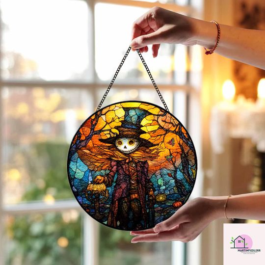 Scarecrow Pumpkin Suncatcher Halloween Stained Glass Window Hanging