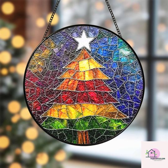 Rainbow Christmas Tree Suncatcher, Stained Glass Window Decor, Holiday Colorful Ornament