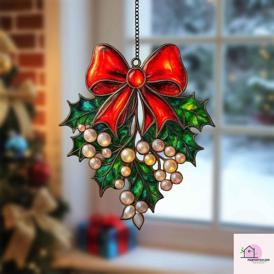 Holly Berry Bow Acrylic Suncatcher Christmas Window Ornament