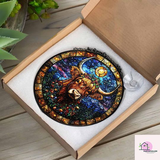 Starry Highland Cow Stained Glass Suncatcher - Rustic Christmas Window Ornament