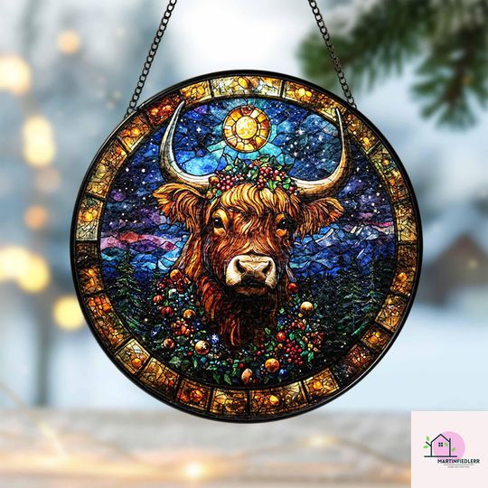Starry Highland Cow Stained Glass Suncatcher - Rustic Christmas Window Ornament