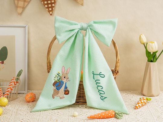 Personalized Easter Basket Bow, Seersucker Embroidered Peter Rabbit Baskets Tag, Baby First Easter Gift