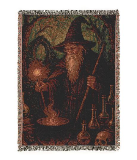 Cottagecore Woven Blanket: Enchanted Forest Wizard Design