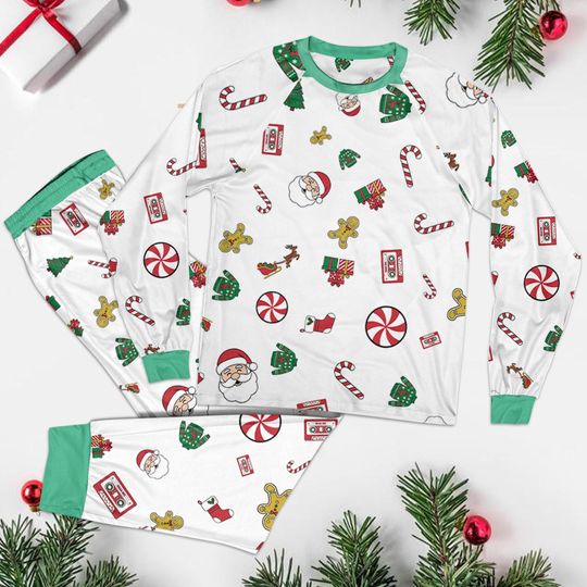 Merry Christmas Pajamas Set, Christmas Lights Santa Candy Cane Gingerbread Holiday Sleepwear, Cute Family Holiday Matching Pajamas