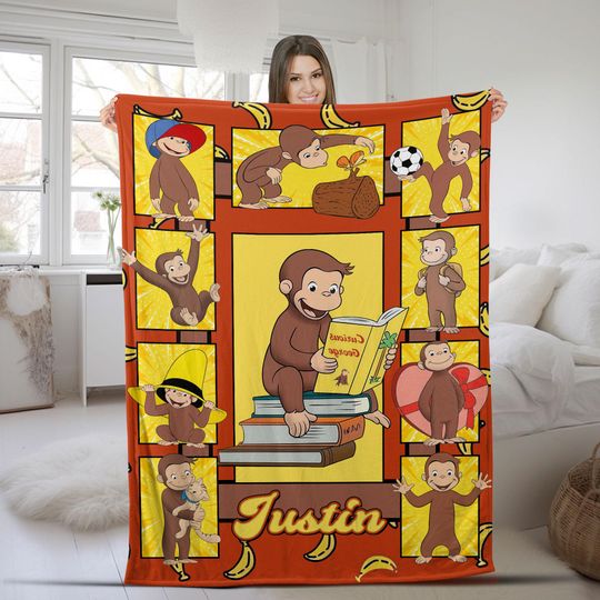 Personalized Curious George Blanket,Comfort Sherpa Fleece Blanket