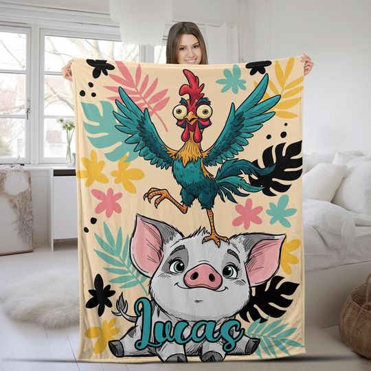 Personalized Moana Blankets, Pua and Hei Hei Blanket, Floral Moana Blanket, Pua Blanket