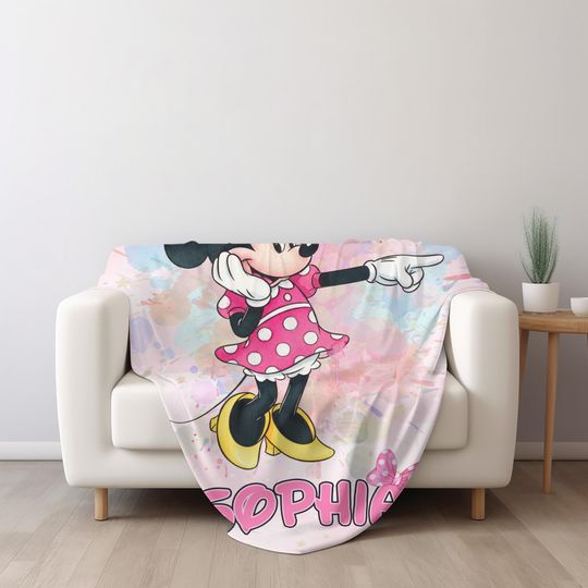 Personalized Disney Name Fleece Blanket with Minnie Character, Soft Cozy Quilt