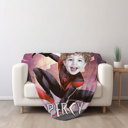 Custom Spider-man With Face Blanket, Custom Photo Name, Superhero Blanket