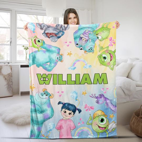 Personalized Watercolor Monsters Blanket, Monsters Inc Blanket, Magic Kingdom Movie Gift