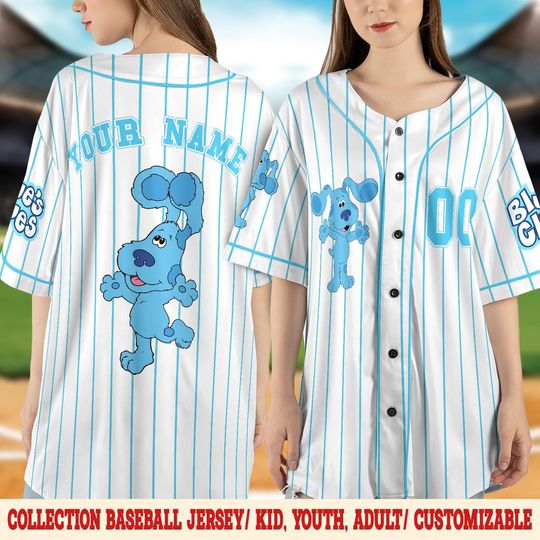 Personalized Blue Clues Baseball Jersey, Blue Dog Lovers Birthday Girl Jersey, Baby Shower Birthday Boy Gift, Blue Clues Family Shirt