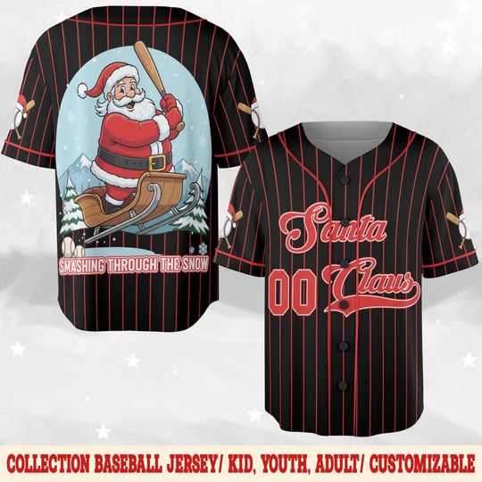 Santa Claus Merry Christmas Baseball Jersey, Smashing Through The Snow Baseball Jersey