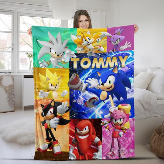 Custom Sonic The Hedgehog Blanket, Personalized Gamer Quilt, Gaming Name Blanket