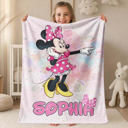 Personalized Disney Name Fleece Blanket with Minnie Character, Soft Cozy Quilt