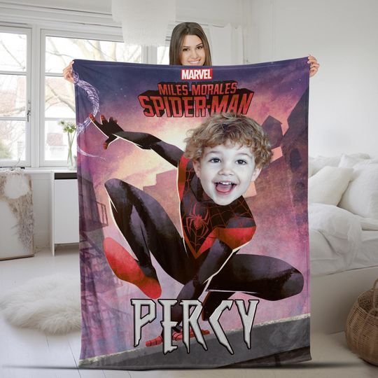Custom Spider-man With Face Blanket, Custom Photo Name, Superhero Blanket