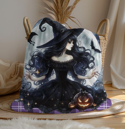Pretty Witch Halloween Blanket, Plush Throw, Cozy Fall Decor