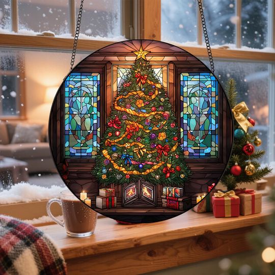Christmas Trees Stained Glass, Suncatcher, Festive Stained Glass Christmas Tree Suncatcher, Holiday Decor, Gift For Family Window Hanging