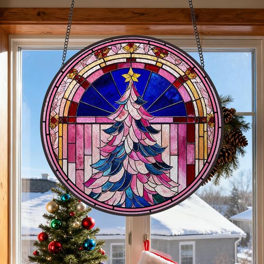 Christmas Trees Stained Glass, Suncatcher, Festive Stained Glass Christmas Tree Suncatcher, Holiday Decor, Gift For Family Window Hanging