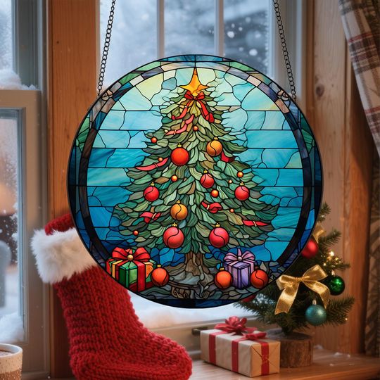Christmas Trees Stained Glass, Suncatcher, Festive Stained Glass Christmas Tree Suncatcher, Holiday Decor, Gift For Family Window Hanging