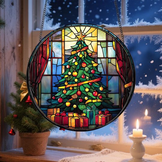 Christmas Trees Stained Glass, Suncatcher, Festive Stained Glass Christmas Tree Suncatcher, Holiday Decor, Gift For Family Window Hanging
