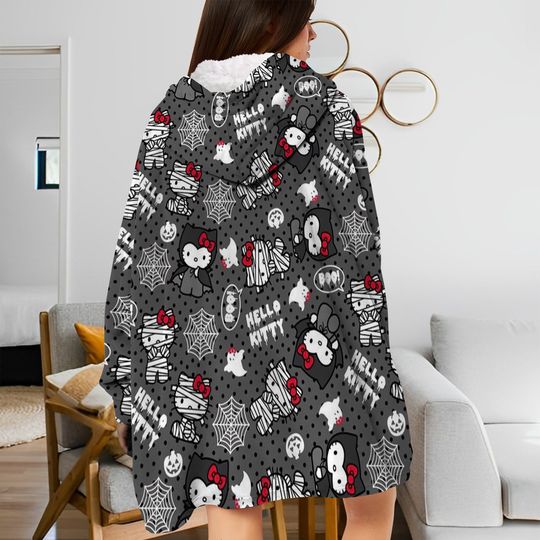 Hello Kitty Pattern Blanket Hoodie, Hello Kitty Hooded Blanket, Oversized Blanket Hoodie 3D