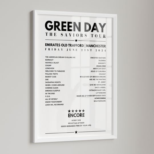 Green Day Setlist Poster - Emirates Old Trafford, Manchester, June 21st 2024 (ALL DATES COVERED)