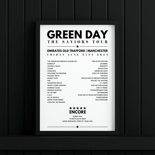 Green Day Setlist Poster - Emirates Old Trafford, Manchester, June 21st 2024 (ALL DATES COVERED)