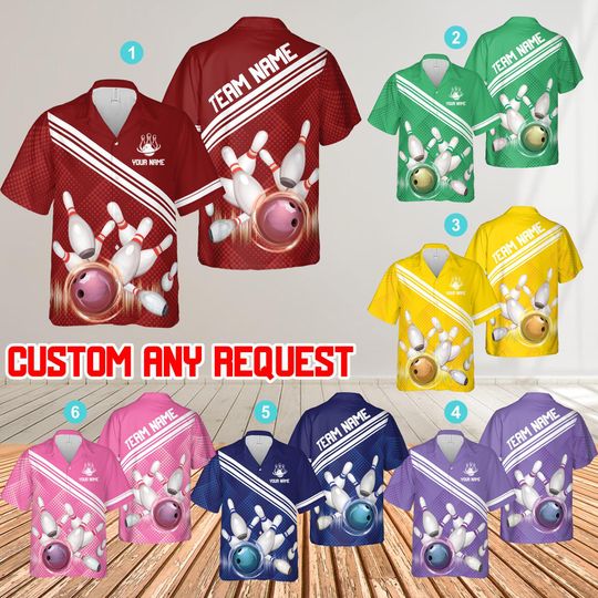 Personalized Bowling Hawaiian Shirt, Custom Name Bowler Button Up Shirt, Matching Bowling Team Shirt
