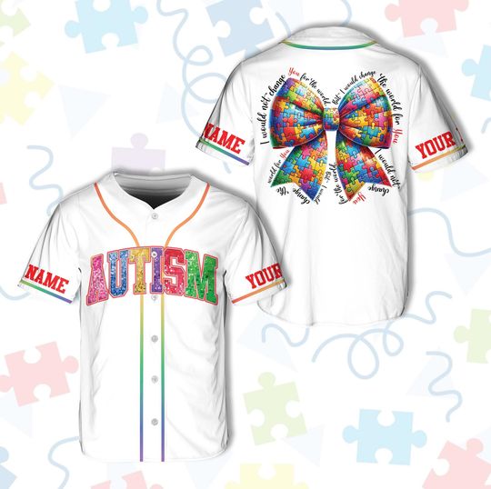Personalized Coquette Autism Awareness Baseball Jersey, Custom Name Number, Autism Support Squad Baseball Jersey, Autism Mom, Puzzle Bow