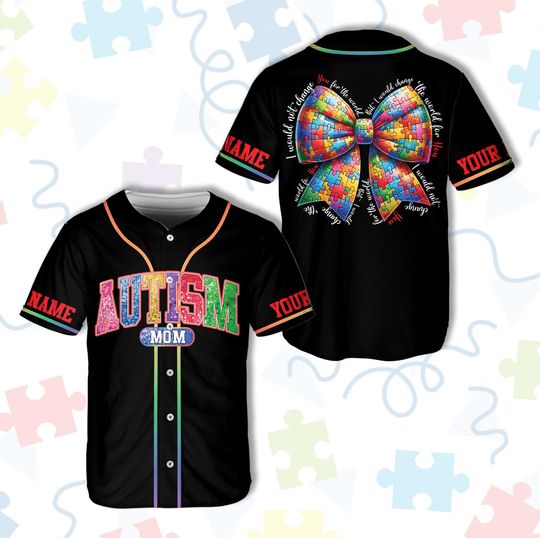 Personalized Coquette Autism Awareness Baseball Jersey, Custom Name Number, Autism Support Squad Baseball Jersey, Autism Mom, Puzzle Bow