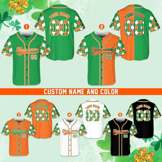 Personalized St Patrick Baseball Jersey, Custom Name Shamrock Argyle Pattern Jersey, Lucky Irish Green Jersey, St Paddys Day Team Gift