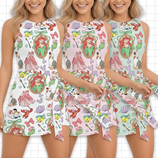 Princess Matching Disney Family Trip Tennis Dress, Disney Princess The Little Mermaid Princess Coquette Outfit, Magical Disney Trip