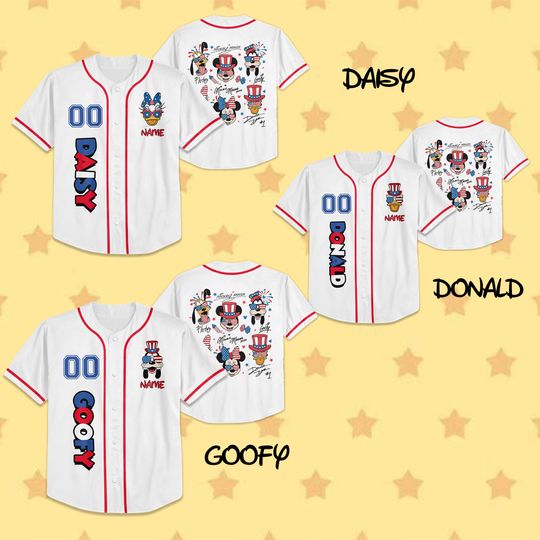 Custom Name Mickey and Friends 4th Of July Baseball Jersey, Personalized Disney Kid/Youth/Adult Collection Jersey Patriotic Memorial Day