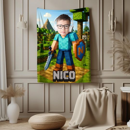 Personalized Minecraft Blanket, Custom Pixel-Style with Face & Name, Gamer Gift