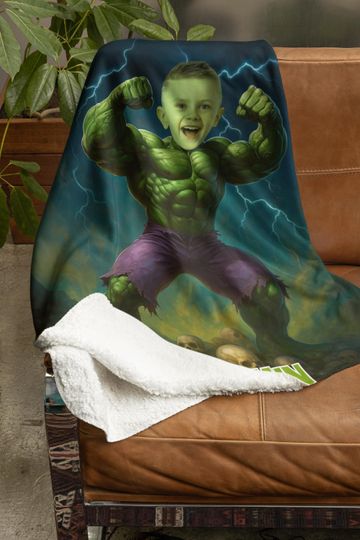 Custom Superhero Hulk Strength Blanket with Childs Face and Name, Personalized Powerful Hero