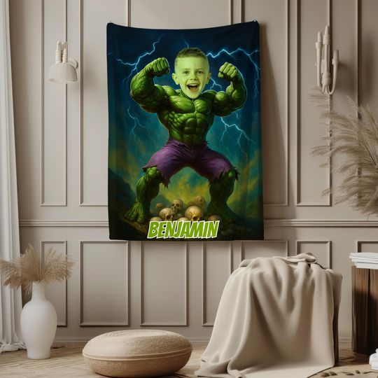 Custom Superhero Hulk Strength Blanket with Childs Face and Name, Personalized Powerful Hero