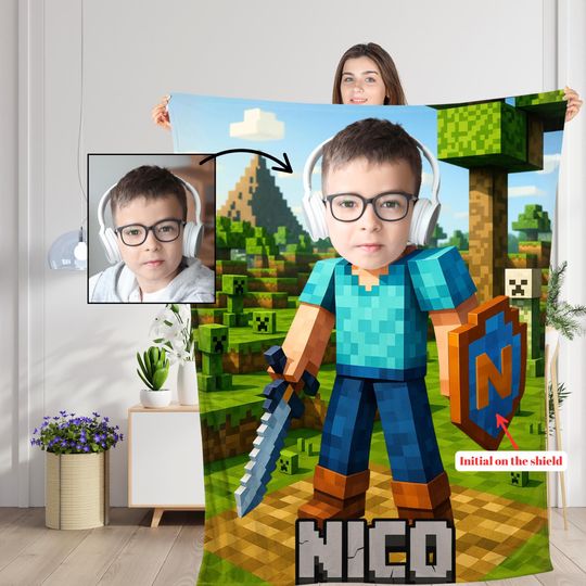 Personalized Minecraft Blanket, Custom Pixel-Style with Face & Name, Gamer Gift
