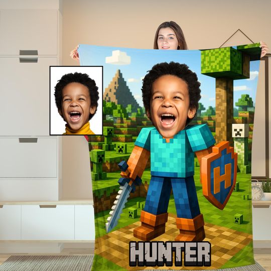 Personalized Minecraft Blanket, Custom Pixel-Style with Face & Name, Gamer Gift