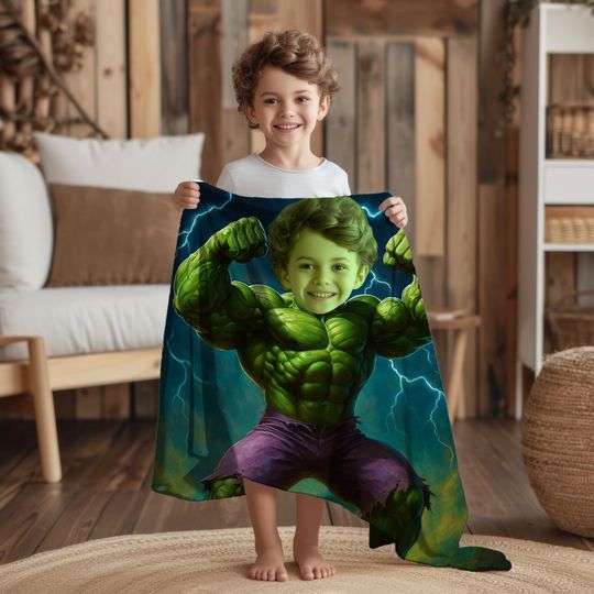 Custom Superhero Hulk Strength Blanket with Childs Face and Name, Personalized Powerful Hero