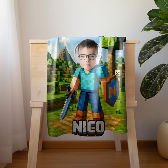 Personalized Minecraft Blanket, Custom Pixel-Style with Face & Name, Gamer Gift